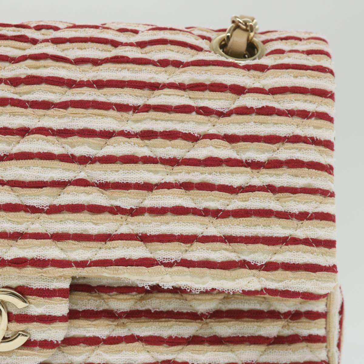 CHANEL Quilted Matelasse Chain Shoulder Bag Canvas Red Beige CC 58343S