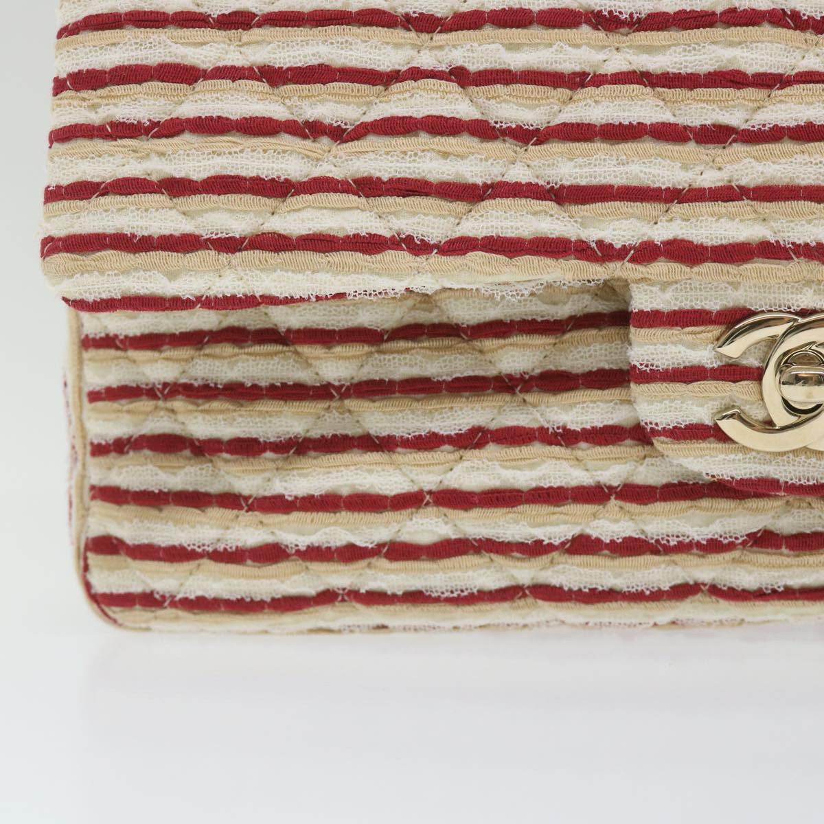 CHANEL Quilted Matelasse Chain Shoulder Bag Canvas Red Beige CC 58343S