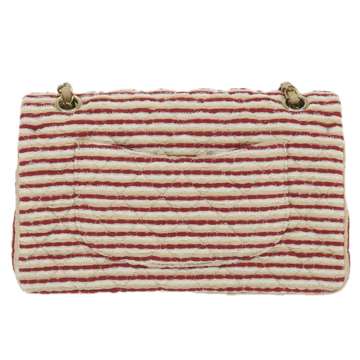CHANEL Quilted Matelasse Chain Shoulder Bag Canvas Red Beige CC 58343S
