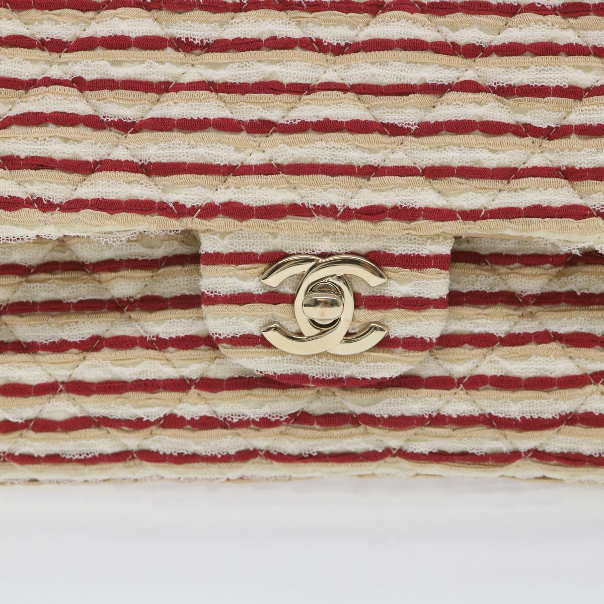 CHANEL Quilted Matelasse Chain Shoulder Bag Canvas Red Beige CC 58343S
