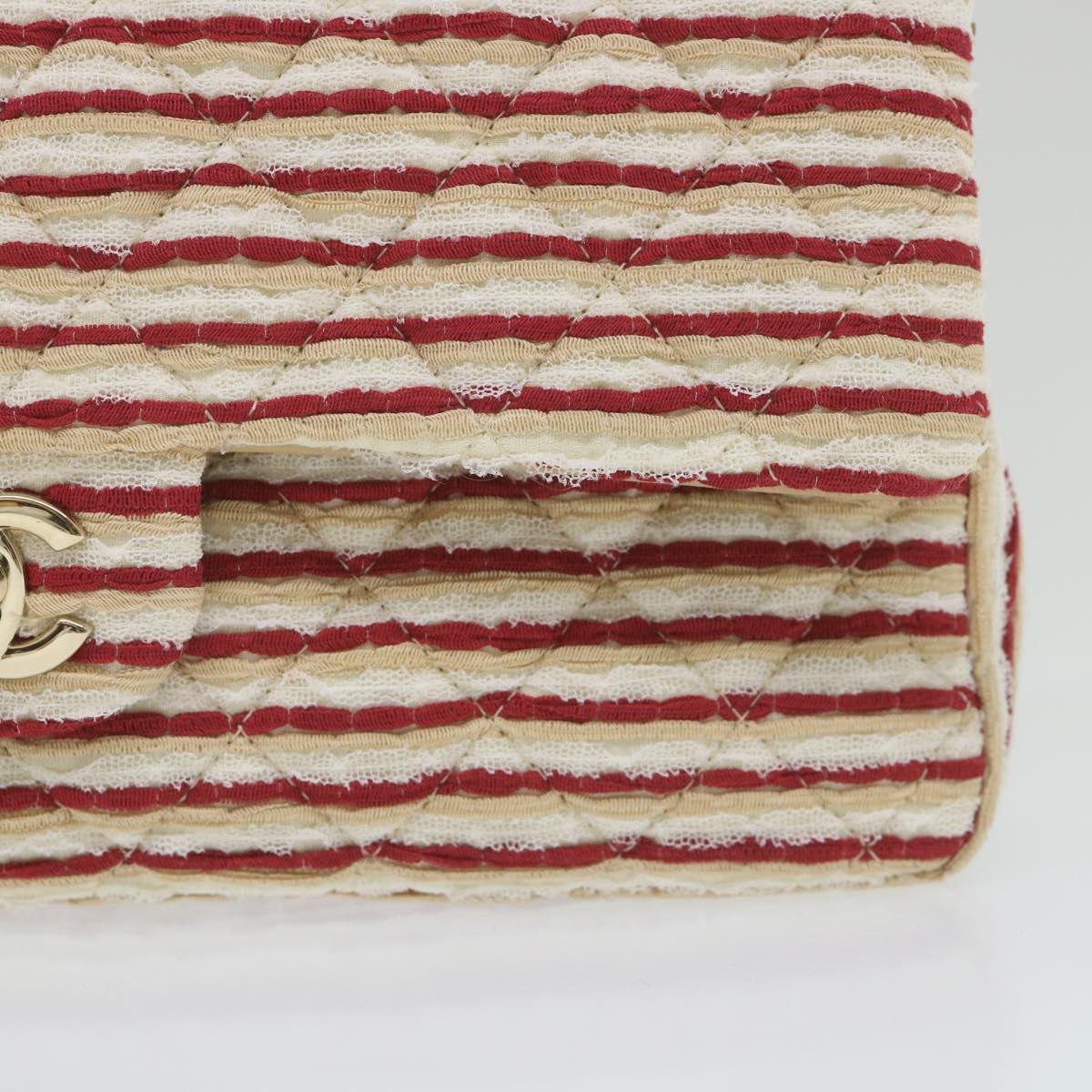 CHANEL Quilted Matelasse Chain Shoulder Bag Canvas Red Beige CC 58343S