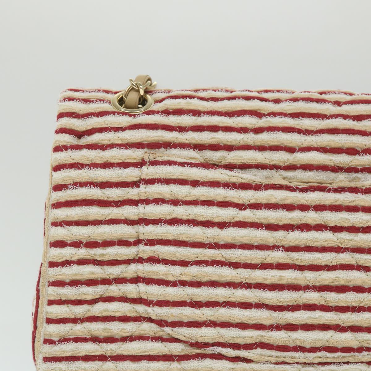 CHANEL Quilted Matelasse Chain Shoulder Bag Canvas Red Beige CC 58343S