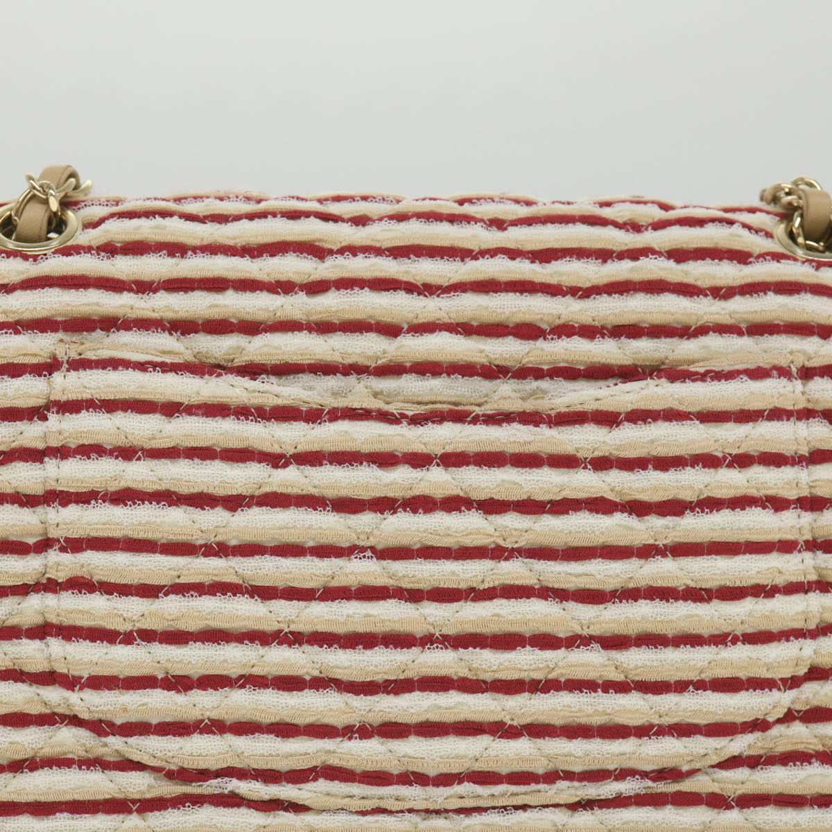 CHANEL Quilted Matelasse Chain Shoulder Bag Canvas Red Beige CC 58343S