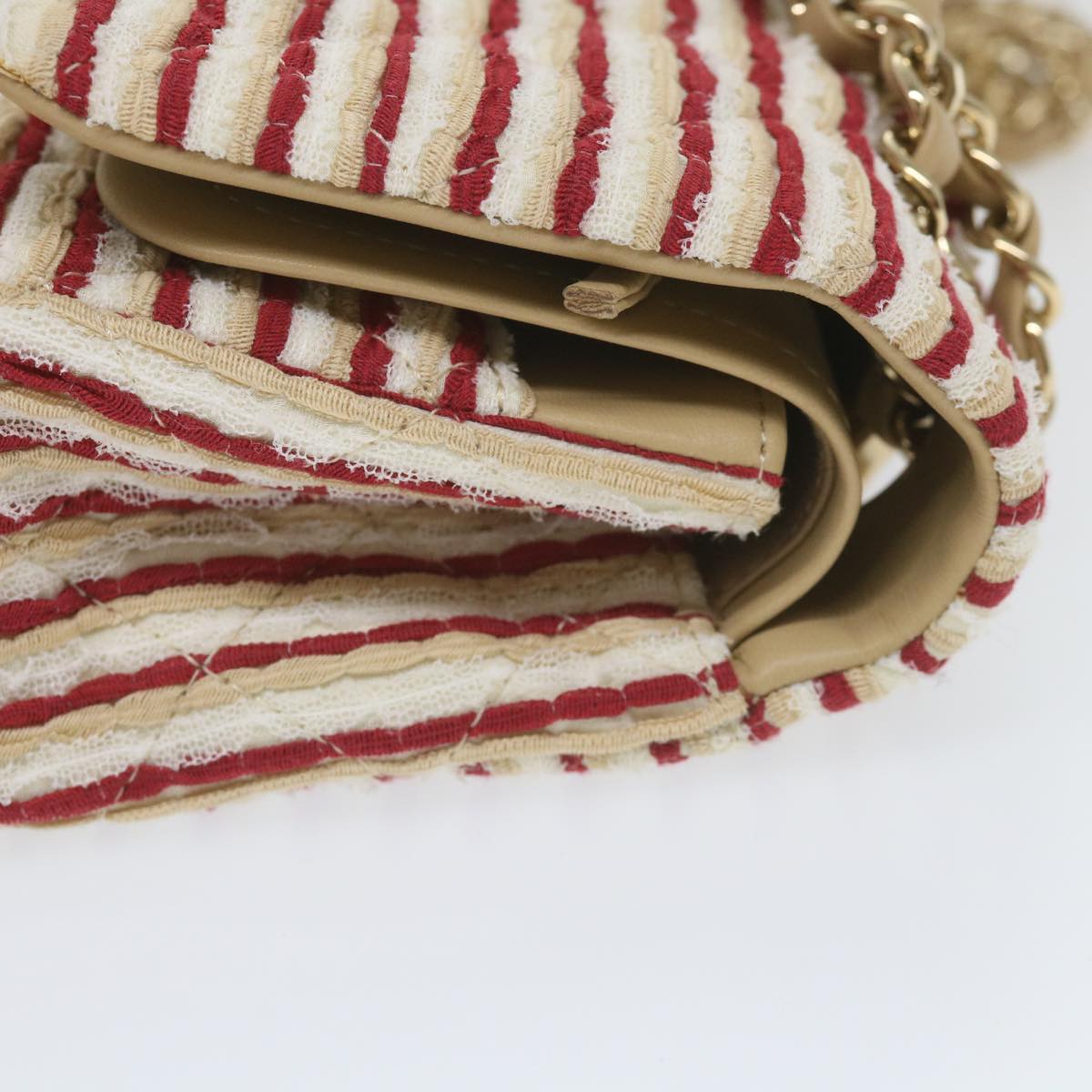 CHANEL Quilted Matelasse Chain Shoulder Bag Canvas Red Beige CC 58343S