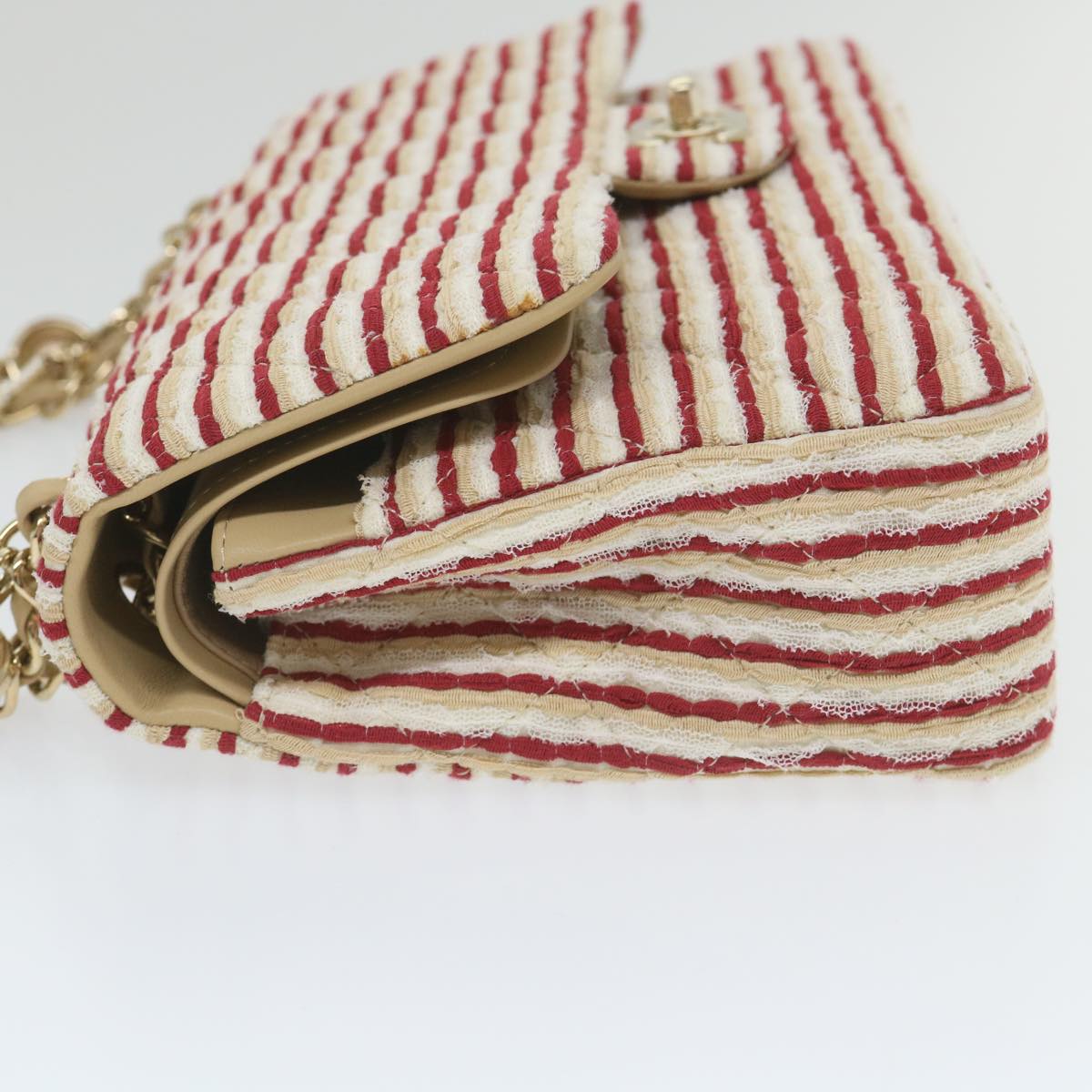 CHANEL Quilted Matelasse Chain Shoulder Bag Canvas Red Beige CC 58343S