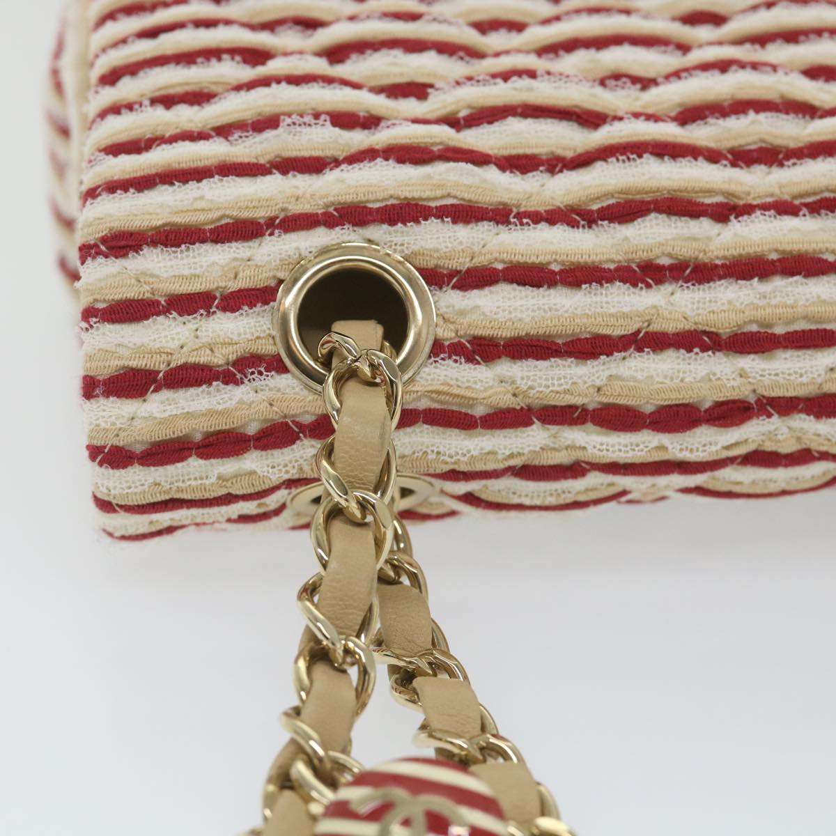CHANEL Quilted Matelasse Chain Shoulder Bag Canvas Red Beige CC 58343S