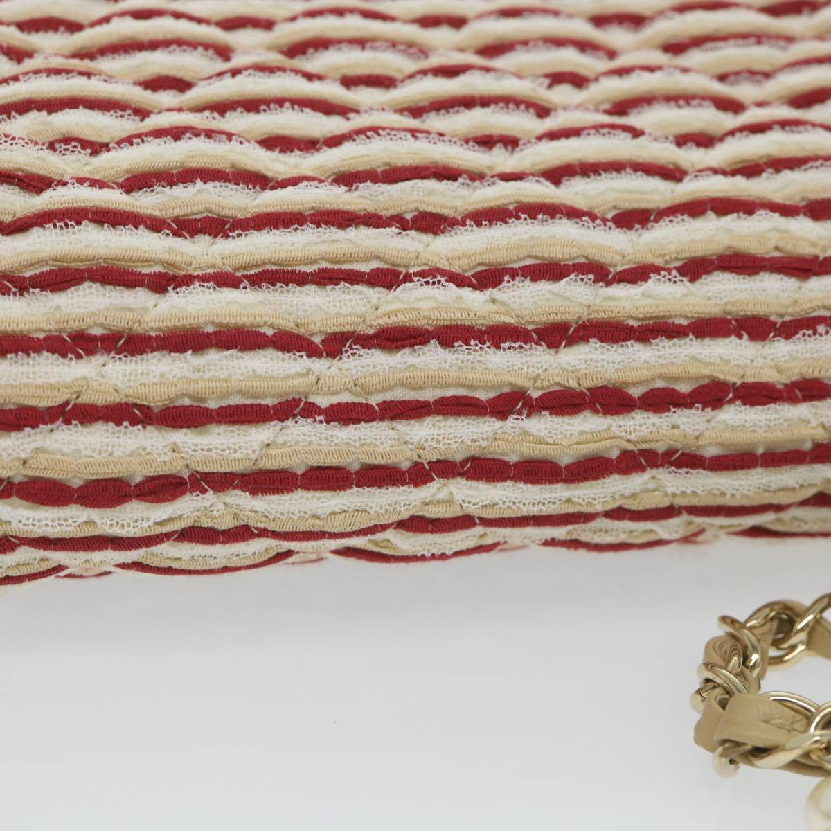 CHANEL Quilted Matelasse Chain Shoulder Bag Canvas Red Beige CC 58343S
