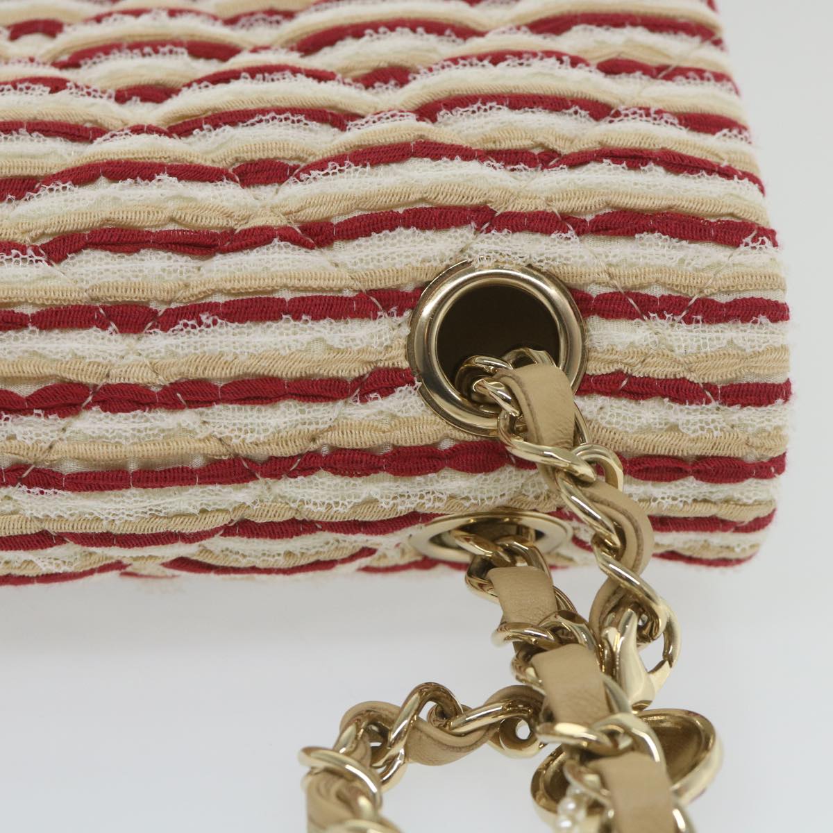 CHANEL Quilted Matelasse Chain Shoulder Bag Canvas Red Beige CC 58343S