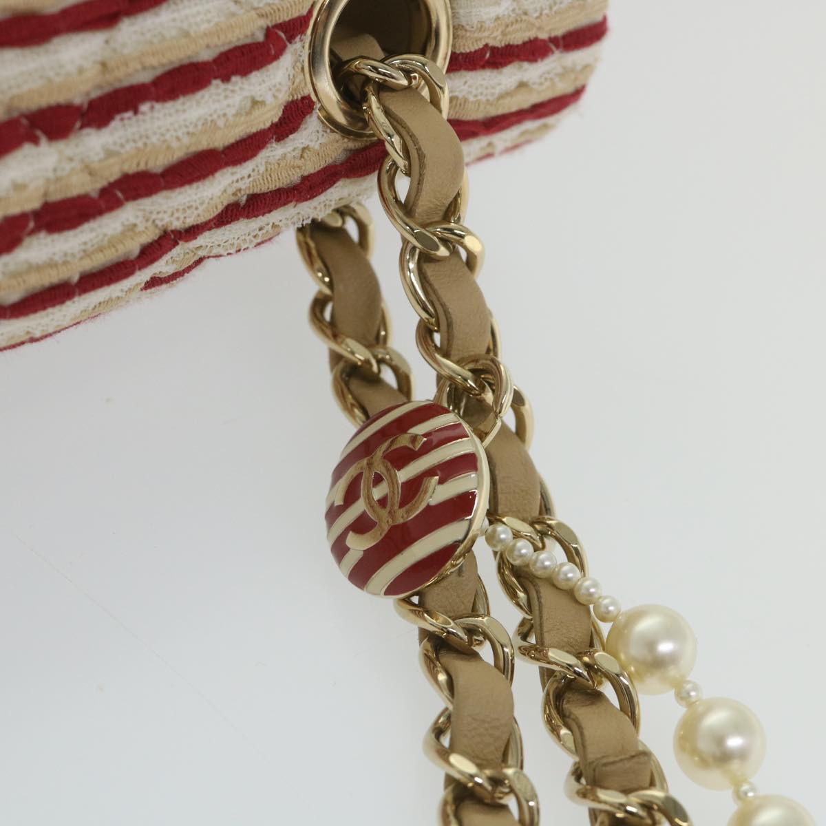 CHANEL Quilted Matelasse Chain Shoulder Bag Canvas Red Beige CC 58343S