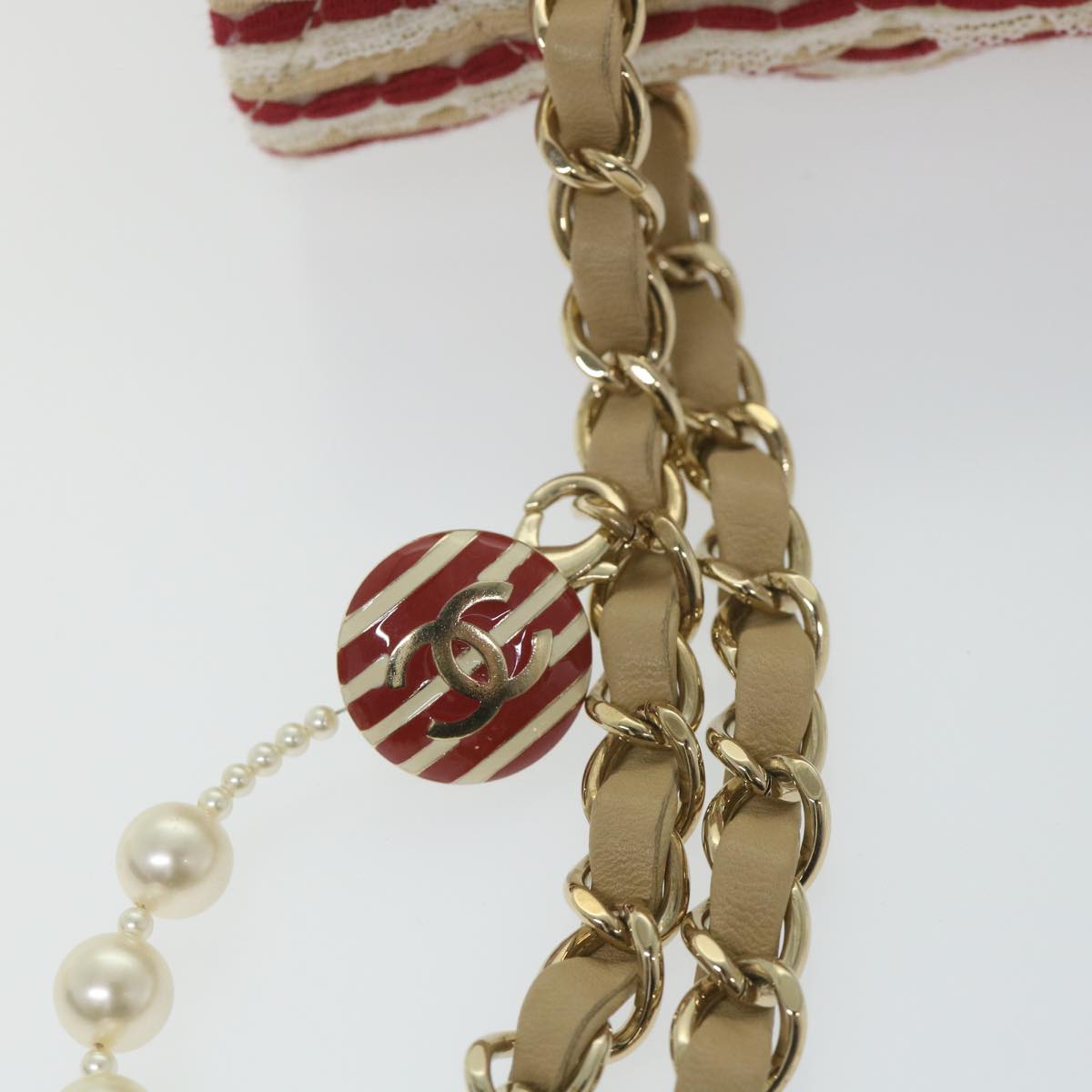 CHANEL Quilted Matelasse Chain Shoulder Bag Canvas Red Beige CC 58343S