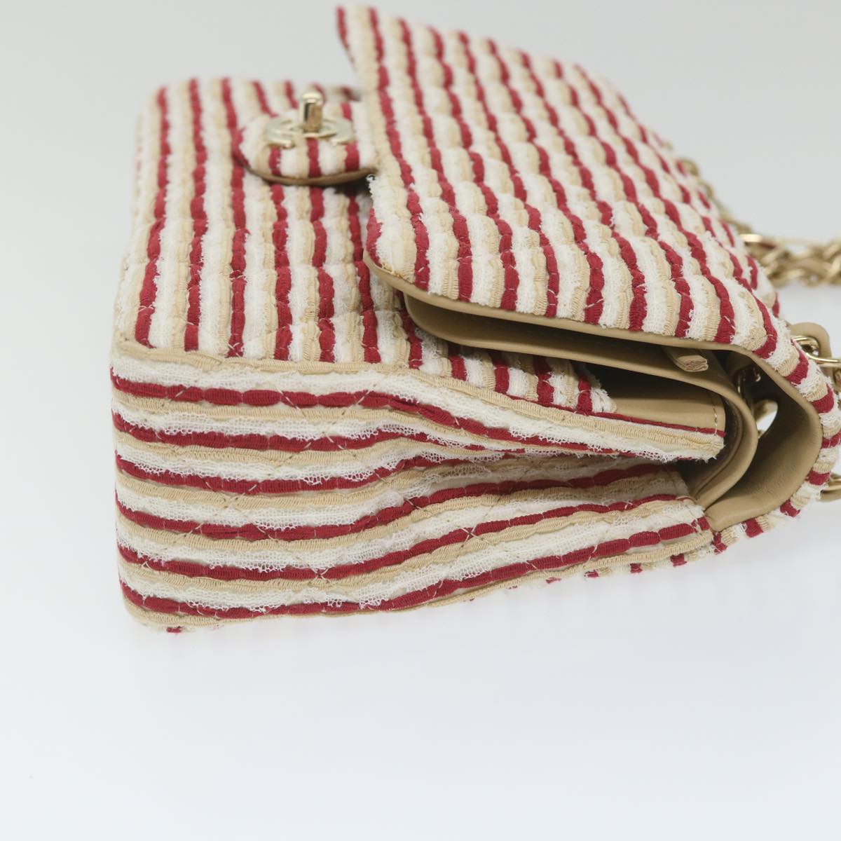 CHANEL Quilted Matelasse Chain Shoulder Bag Canvas Red Beige CC 58343S