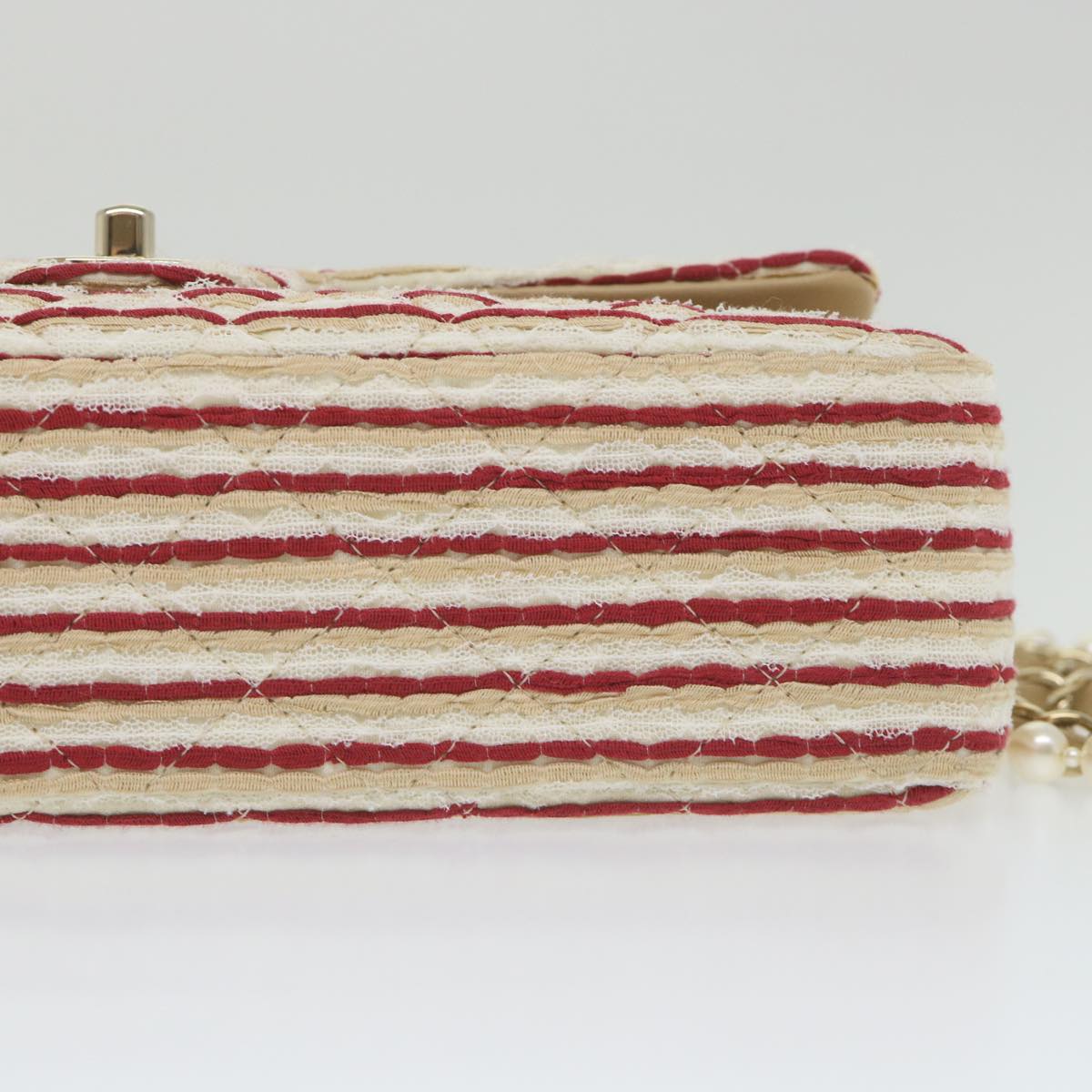 CHANEL Quilted Matelasse Chain Shoulder Bag Canvas Red Beige CC 58343S