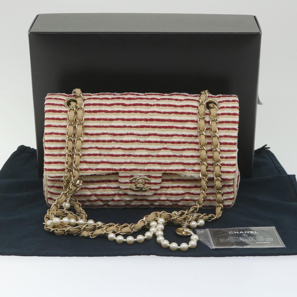 CHANEL Quilted Matelasse Chain Shoulder Bag Canvas Red Beige CC 58343S