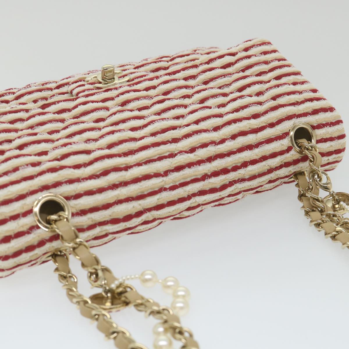 CHANEL Quilted Matelasse Chain Shoulder Bag Canvas Red Beige CC 58343S