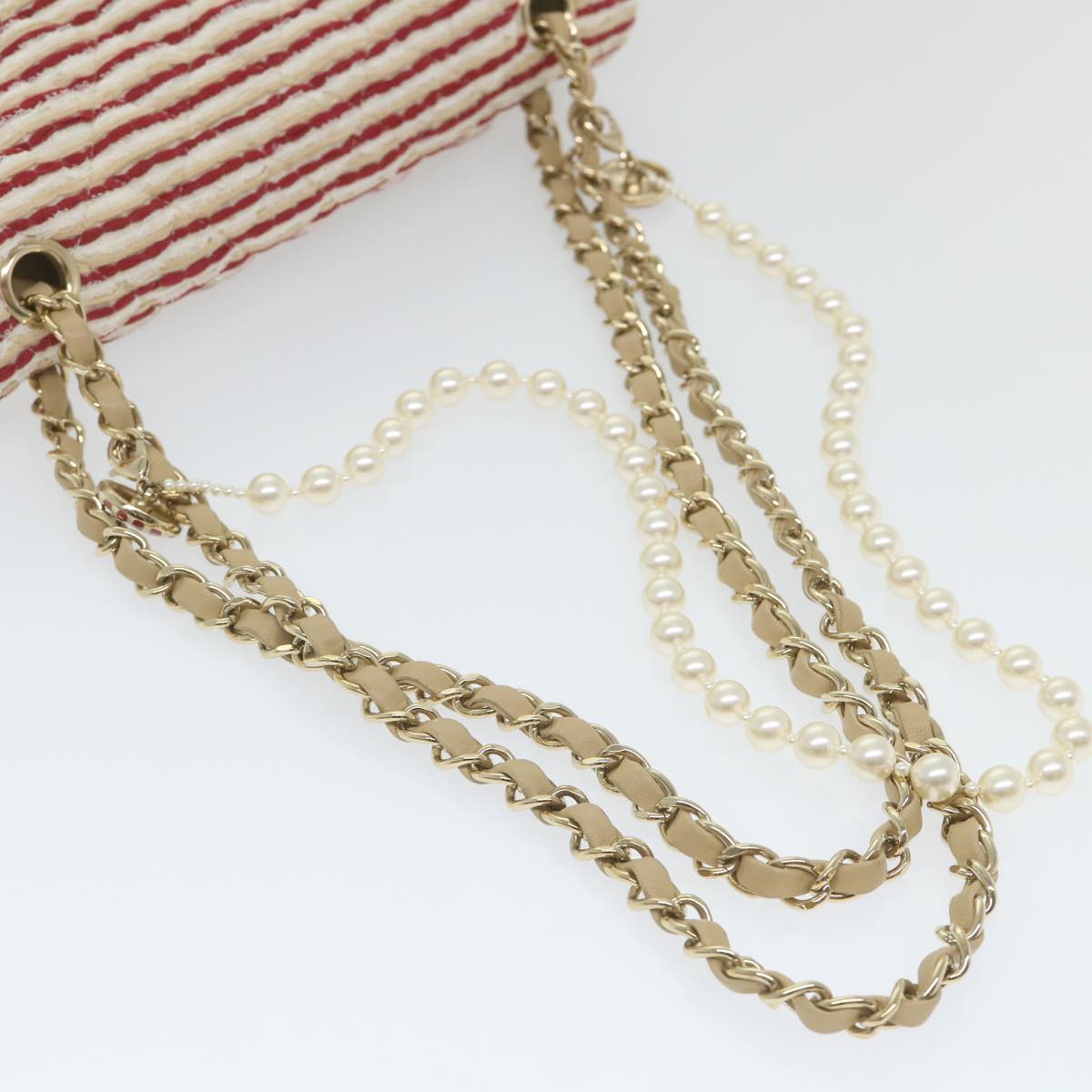 CHANEL Quilted Matelasse Chain Shoulder Bag Canvas Red Beige CC 58343S