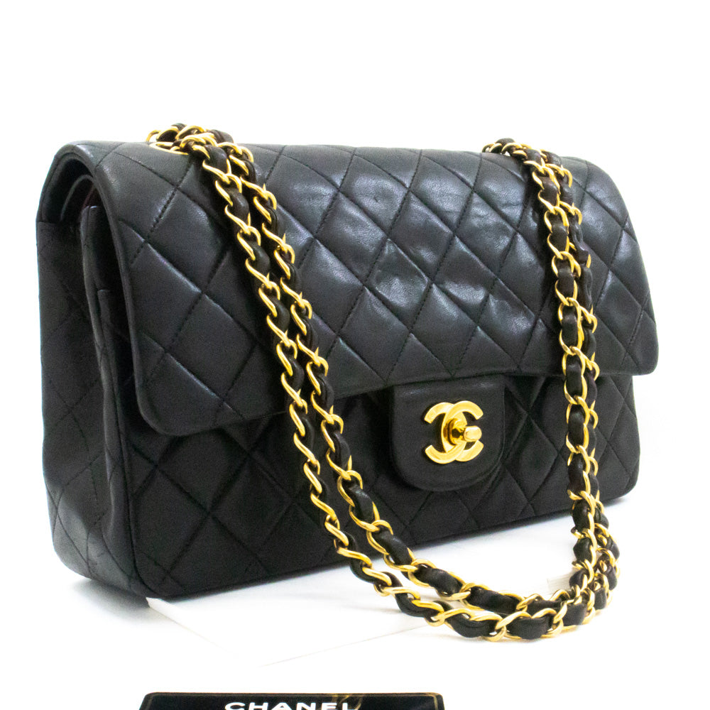 CHANEL Classic Double Flap 10" Chain Shoulder Bag Black Lambskin k49
