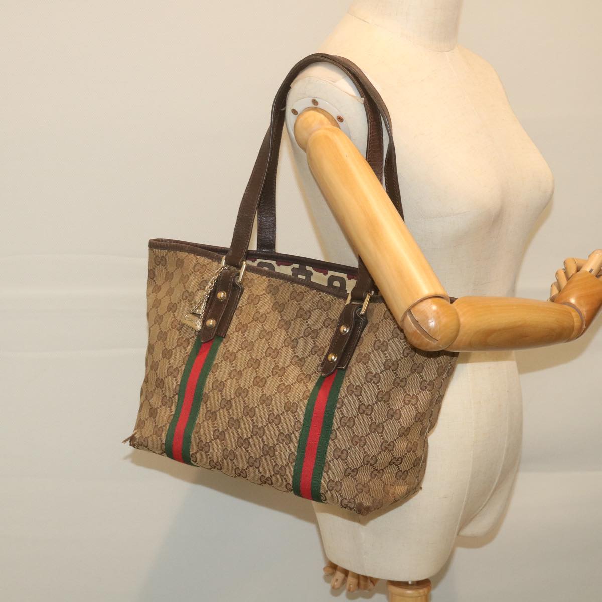 GUCCI GG Canvas Web Sherry Line Tote Bag Beige Red Green 137396 59566