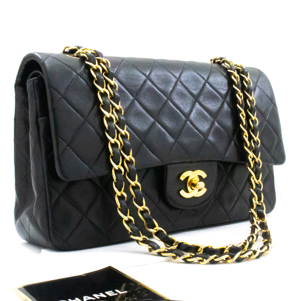CHANEL Classic Double Flap 10" Chain Shoulder Bag Black Lambskin k63
