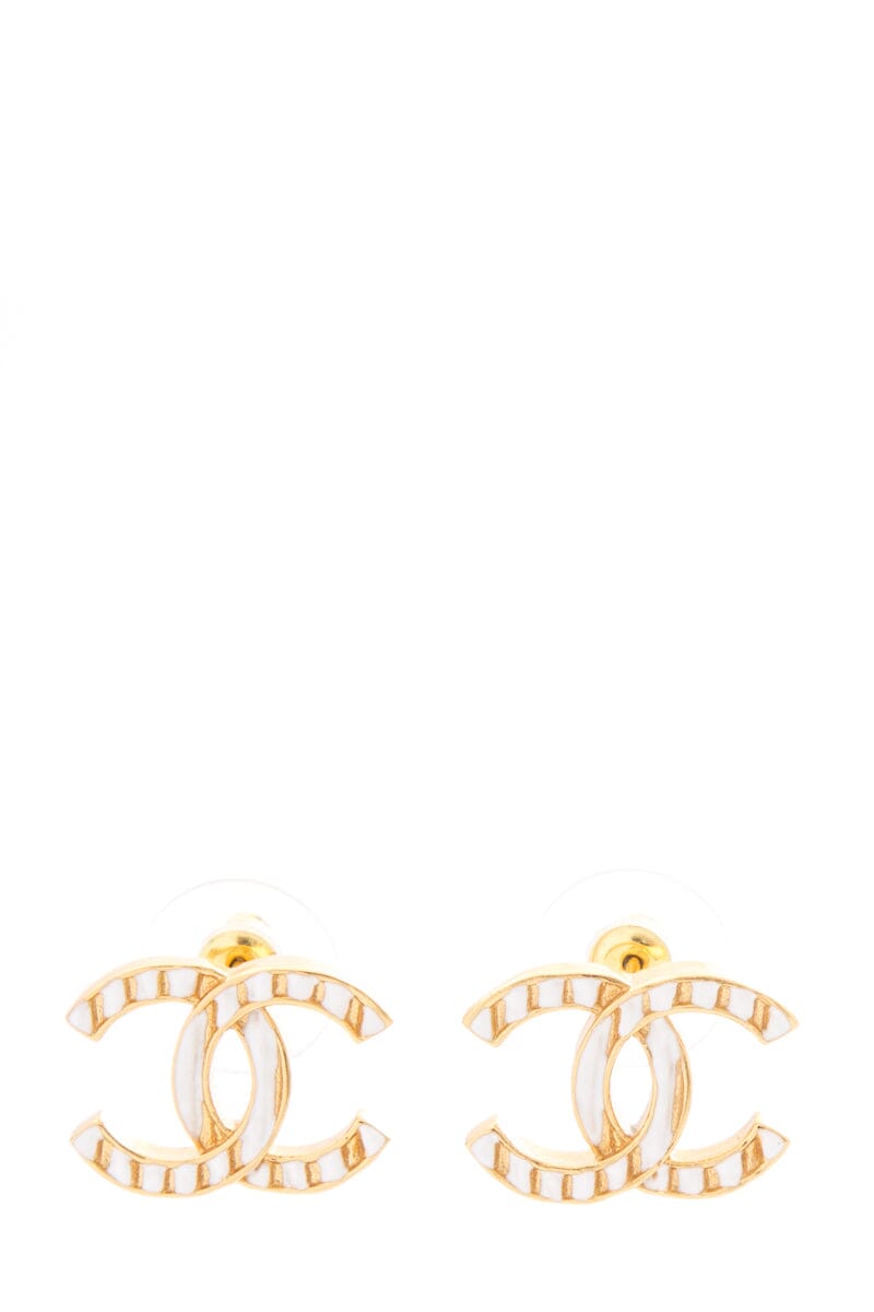 Chanel 2023 White & Gold Interlocking CC Stripe Stud Earrings