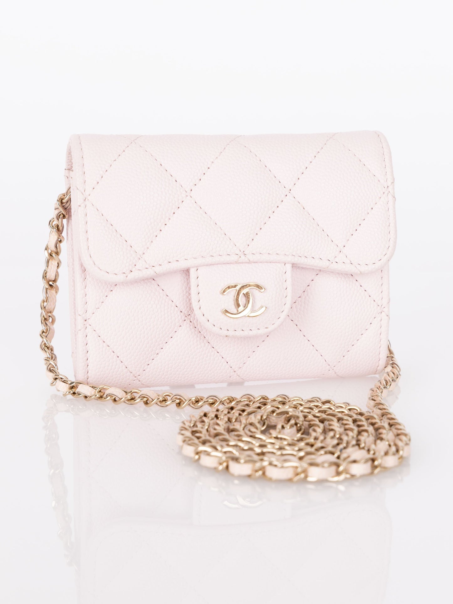 Chanel 2021 Light Pink Caviar Cardholder Flap on Chain
