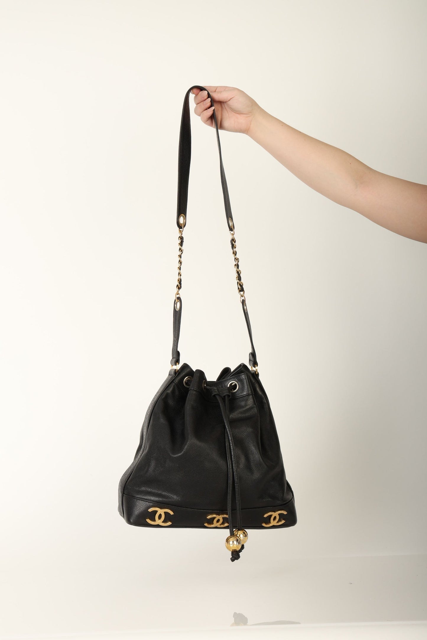 Chanel 1991 Caviar Triple CC Bucket Bag w/ Pouch