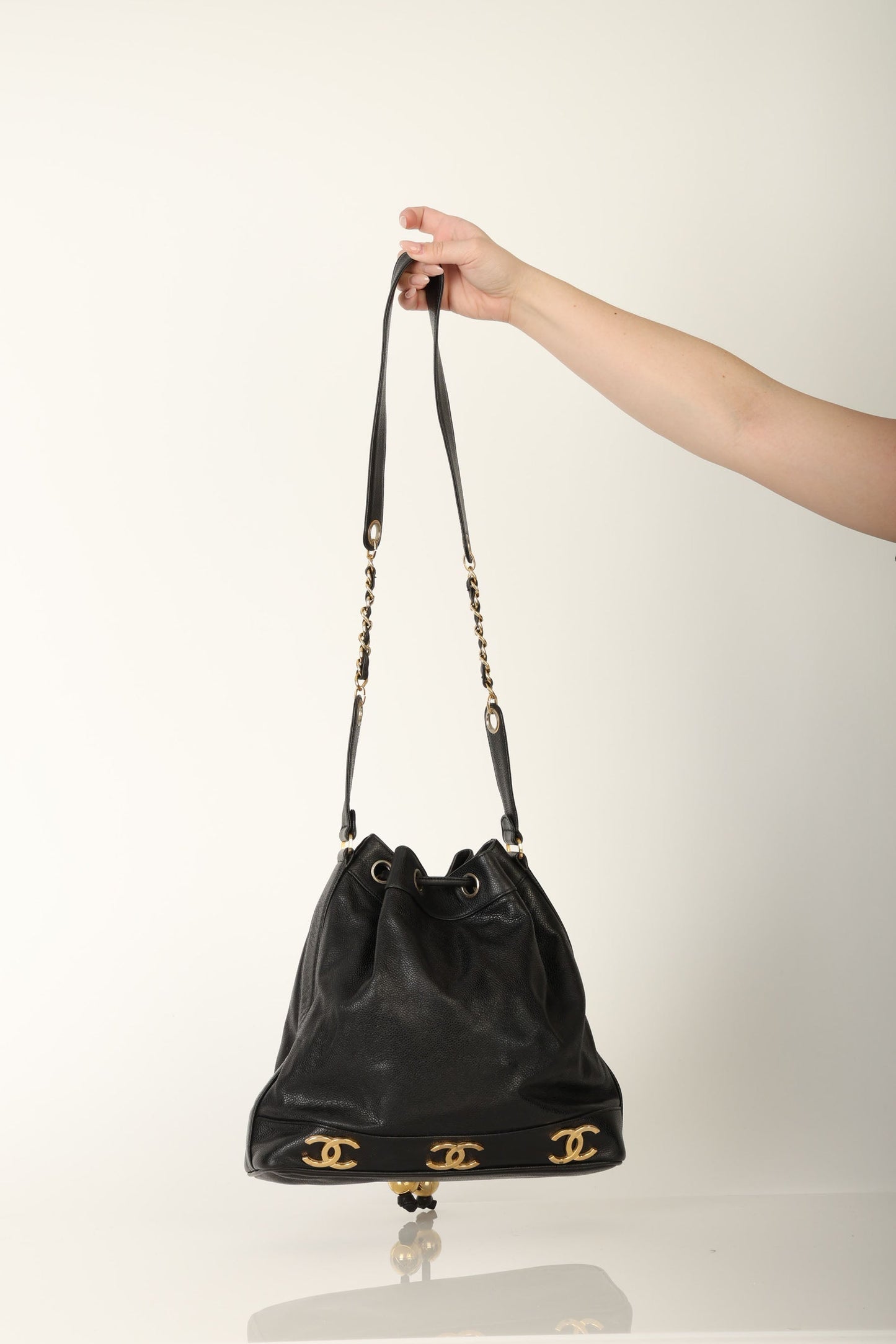 Chanel 1991 Caviar Triple CC Bucket Bag w/ Pouch