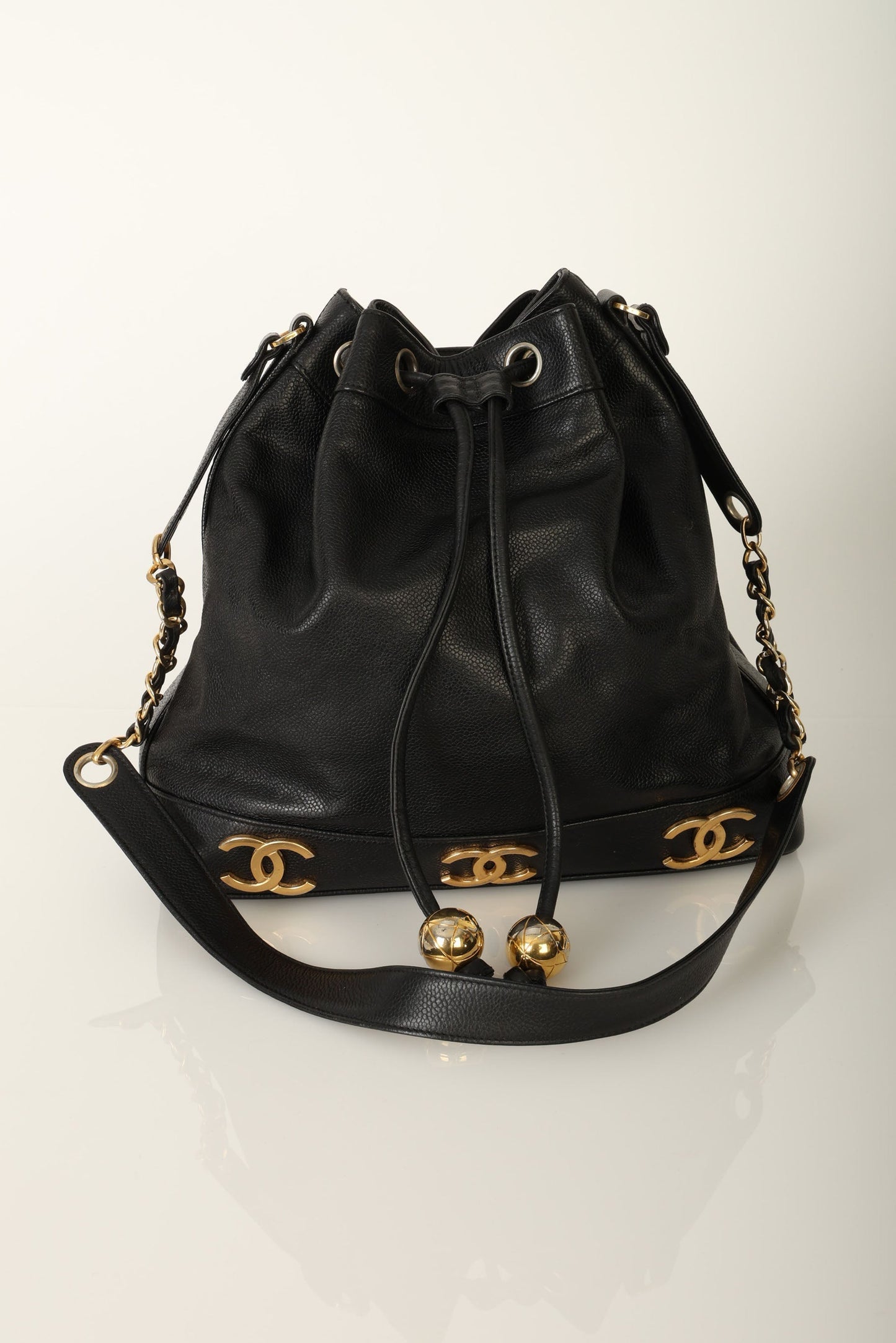 Chanel 1991 Caviar Triple CC Bucket Bag w/ Pouch