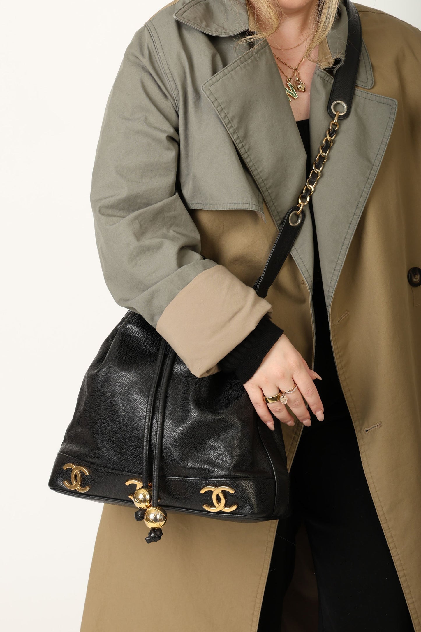 Chanel 1991 Caviar Triple CC Bucket Bag w/ Pouch