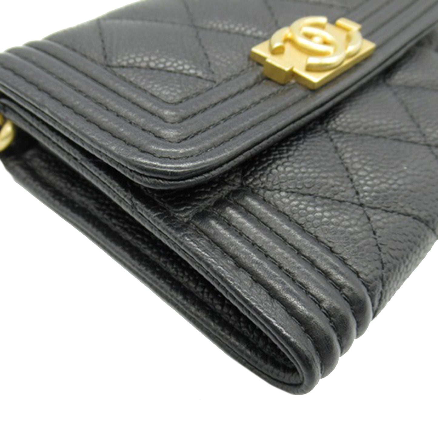 Black Chanel Quilted Caviar Boy Card Holder with Chain Crossbody Bag