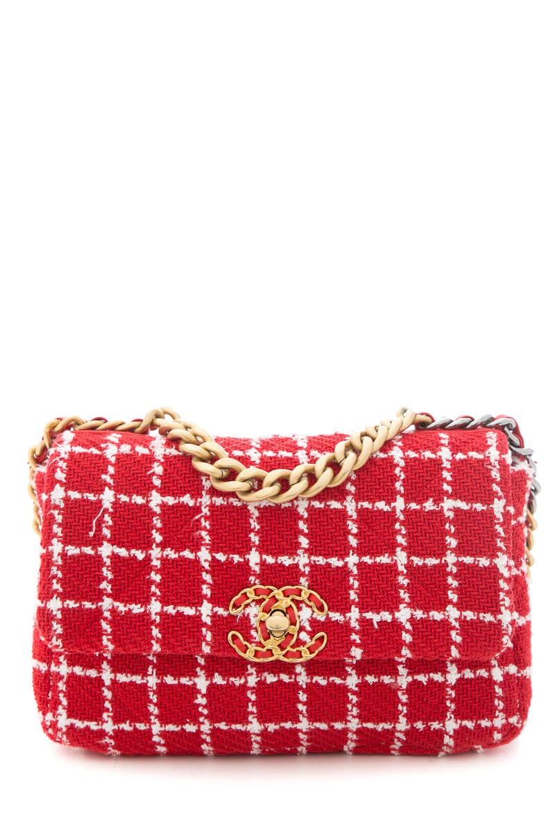 Chanel Tweed Quilted Flap Red & White Handbag