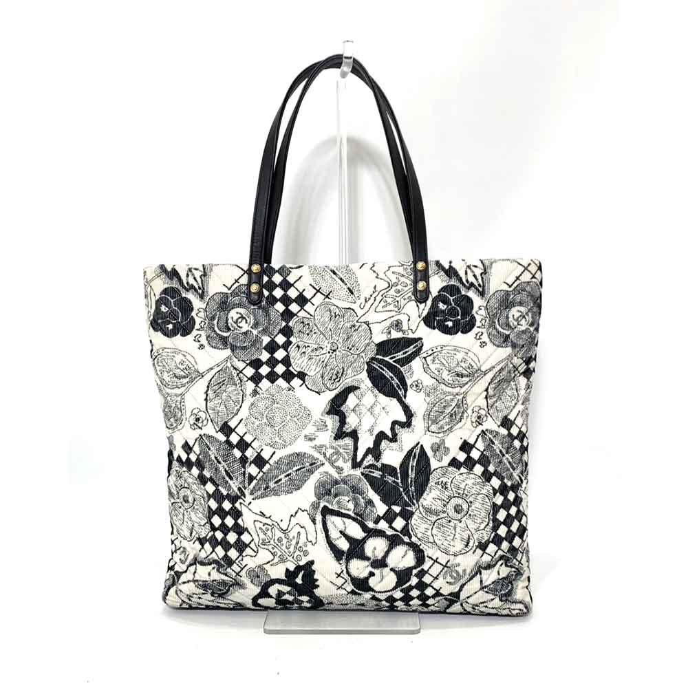 Chanel Shopping Tote Bag Black White Cotton Canvas Leather Silk