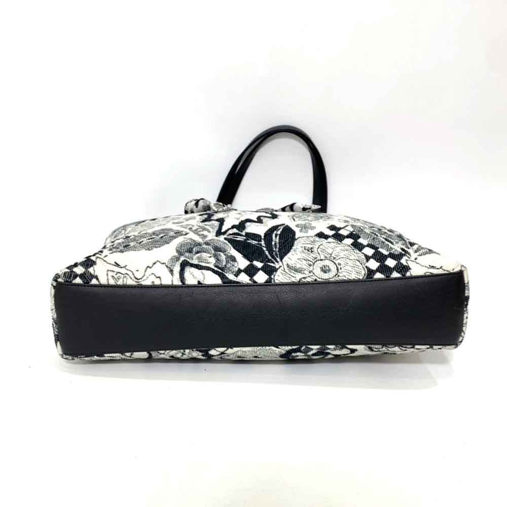 Chanel Shopping Tote Bag Black White Cotton Canvas Leather Silk