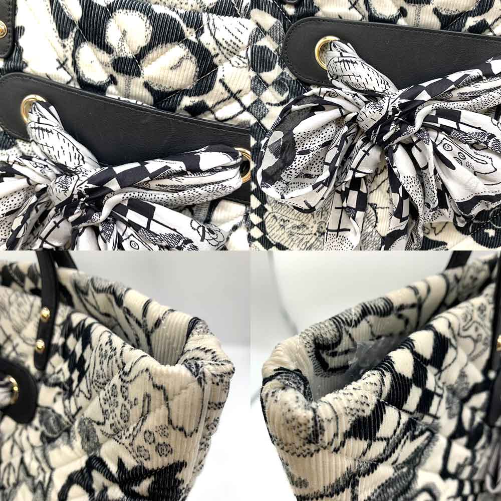 Chanel Shopping Tote Bag Black White Cotton Canvas Leather Silk