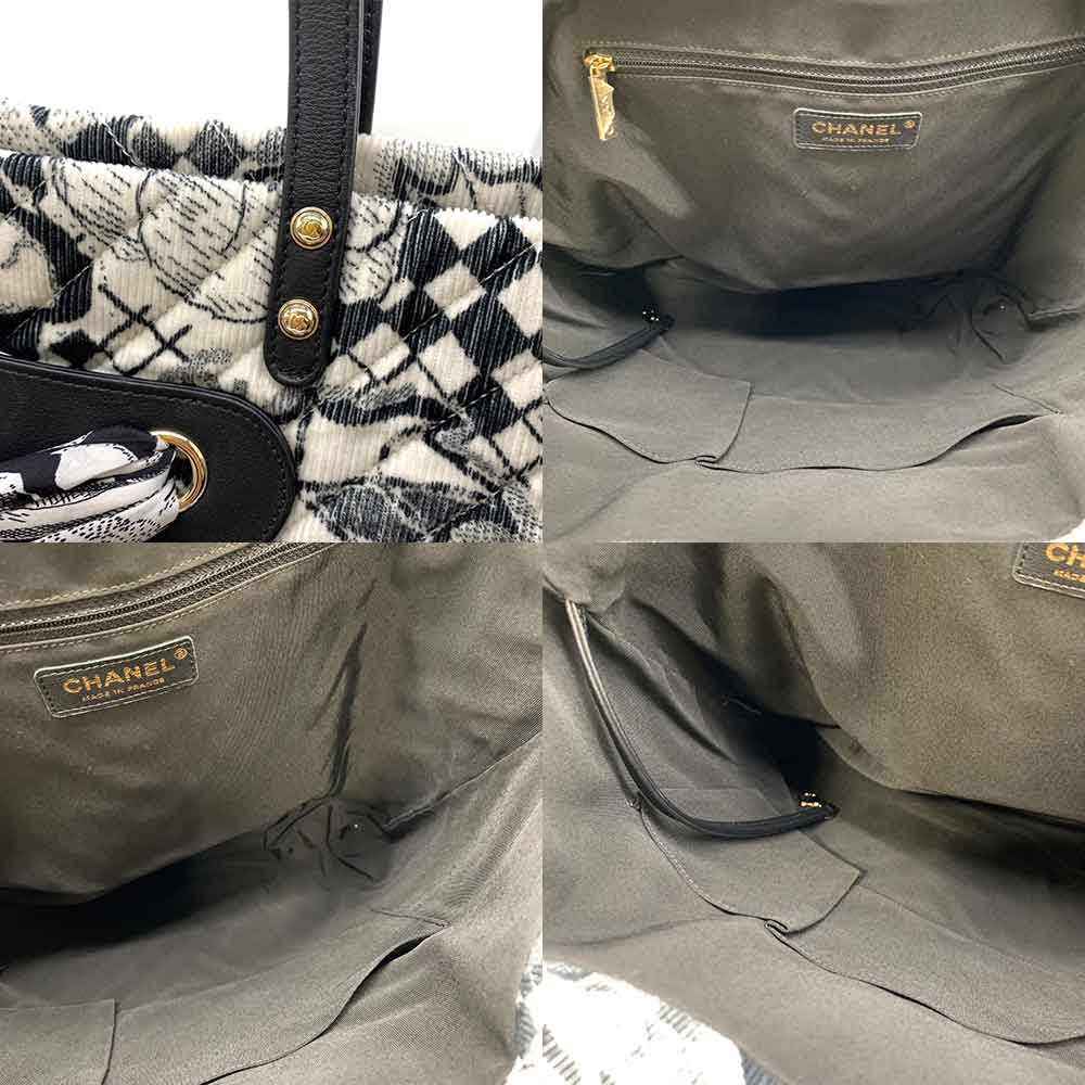 Chanel Shopping Tote Bag Black White Cotton Canvas Leather Silk