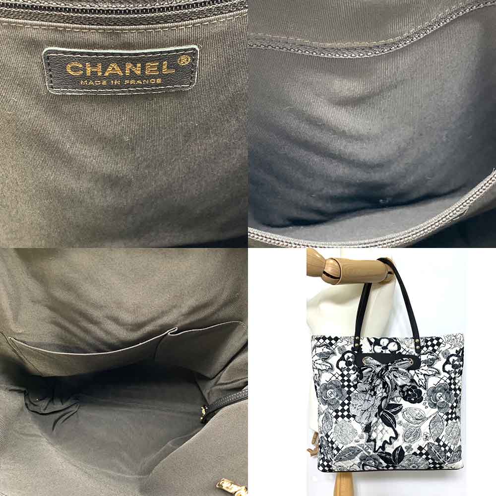 Chanel Shopping Tote Bag Black White Cotton Canvas Leather Silk