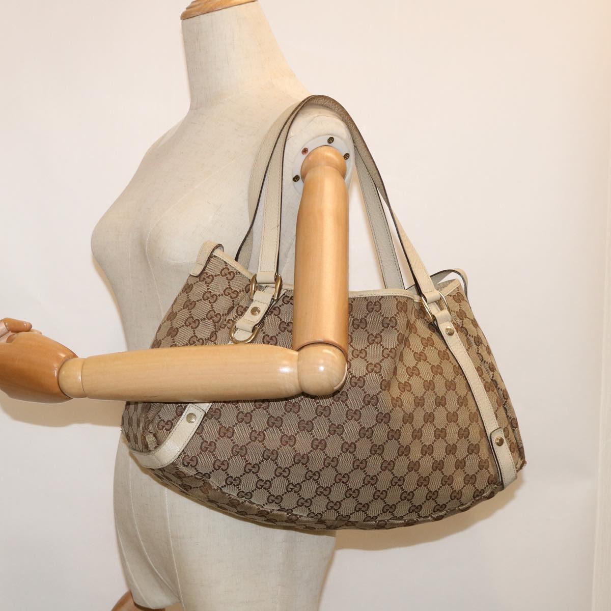 GUCCI GG Canvas Tote Bag Beige White 130736 60142