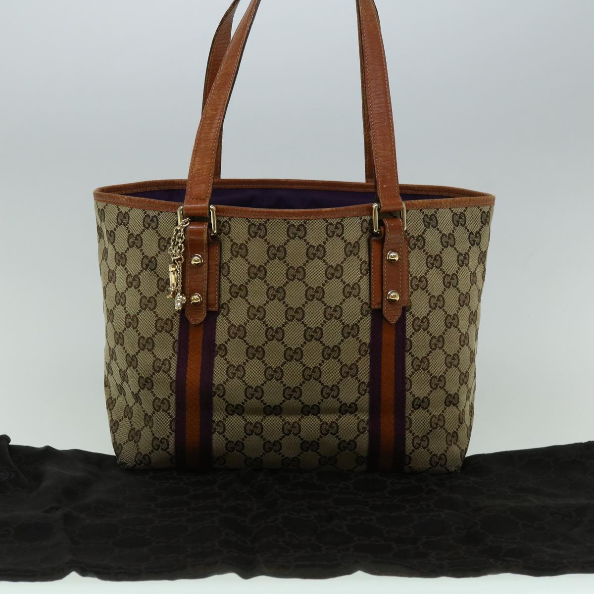 GUCCI GG Canvas Sherry Line Tote Bag Beige Orange purple 137396 60386
