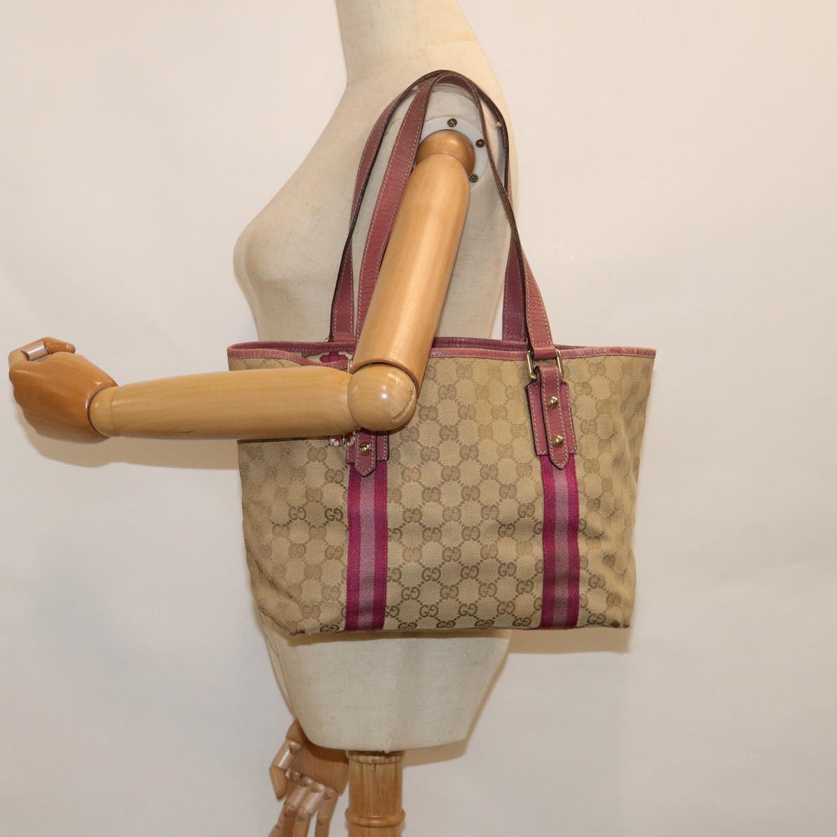 GUCCI GG Canvas Sherry Line Tote Bag Beige Pink 137396 60391