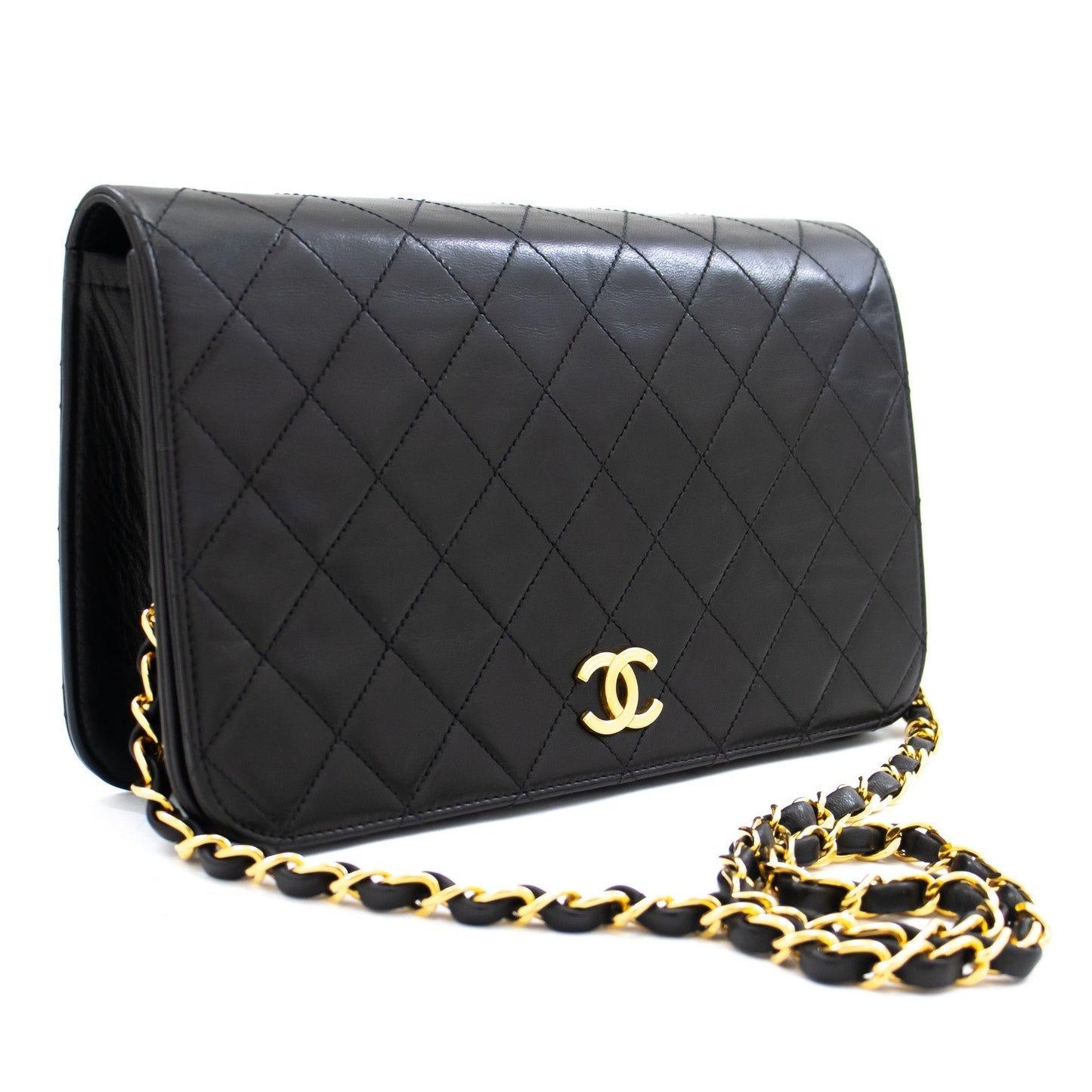 CHANEL Full Flap Chain Shoulder Bag Clutch Black Quilted Lambskin k82