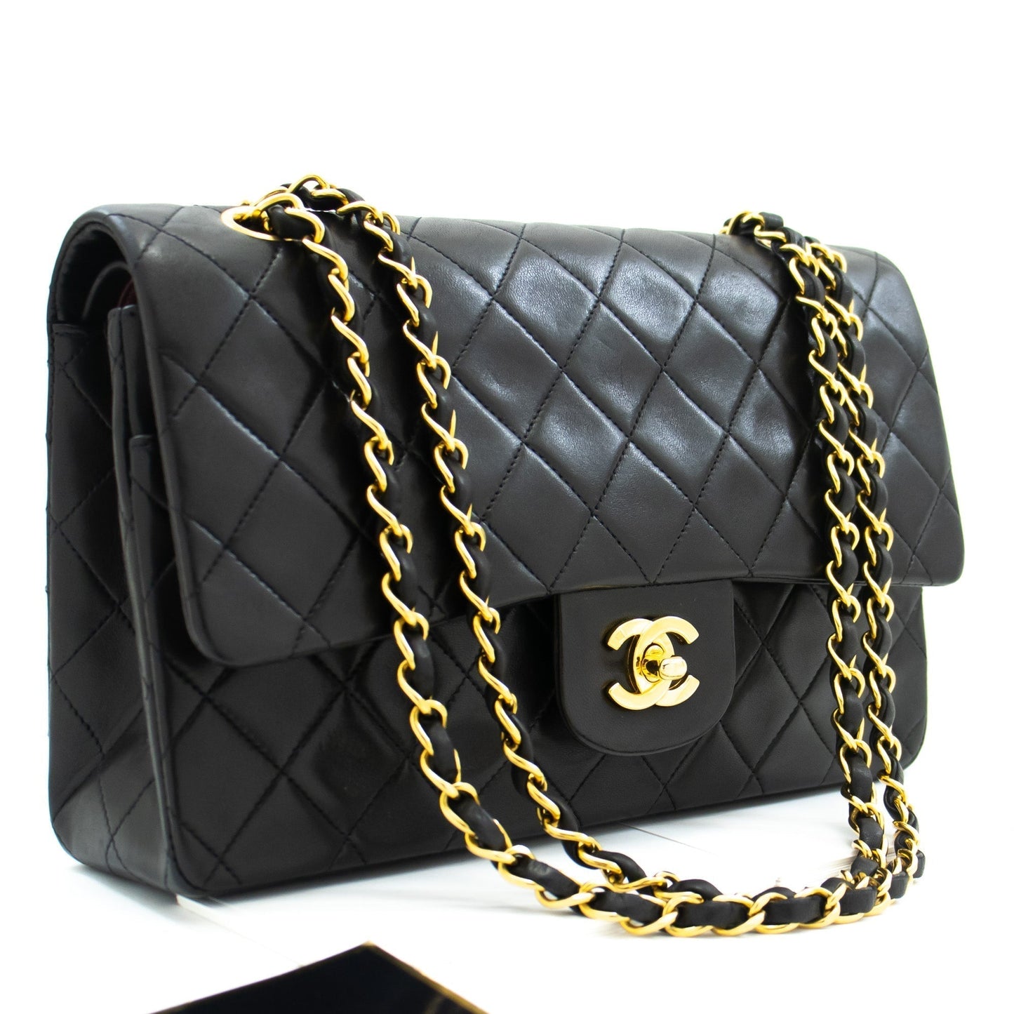 CHANEL Classic Double Flap 10" Chain Shoulder Bag Black Lambskin k72