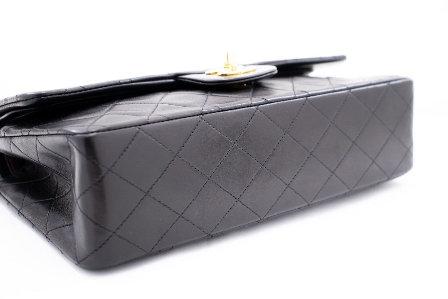 CHANEL Classic Double Flap 10" Chain Shoulder Bag Black Lambskin k72