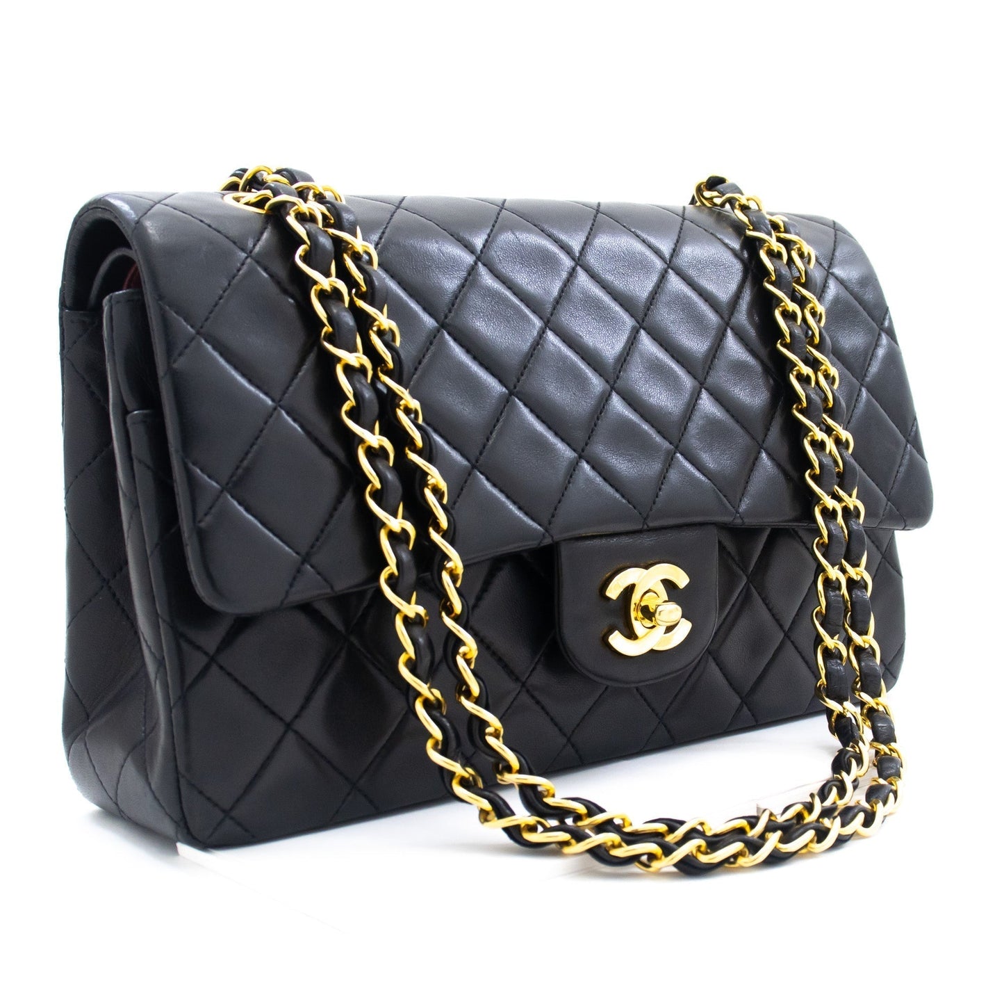 CHANEL Classic Double Flap 10" Chain Shoulder Bag Black Lambskin k76