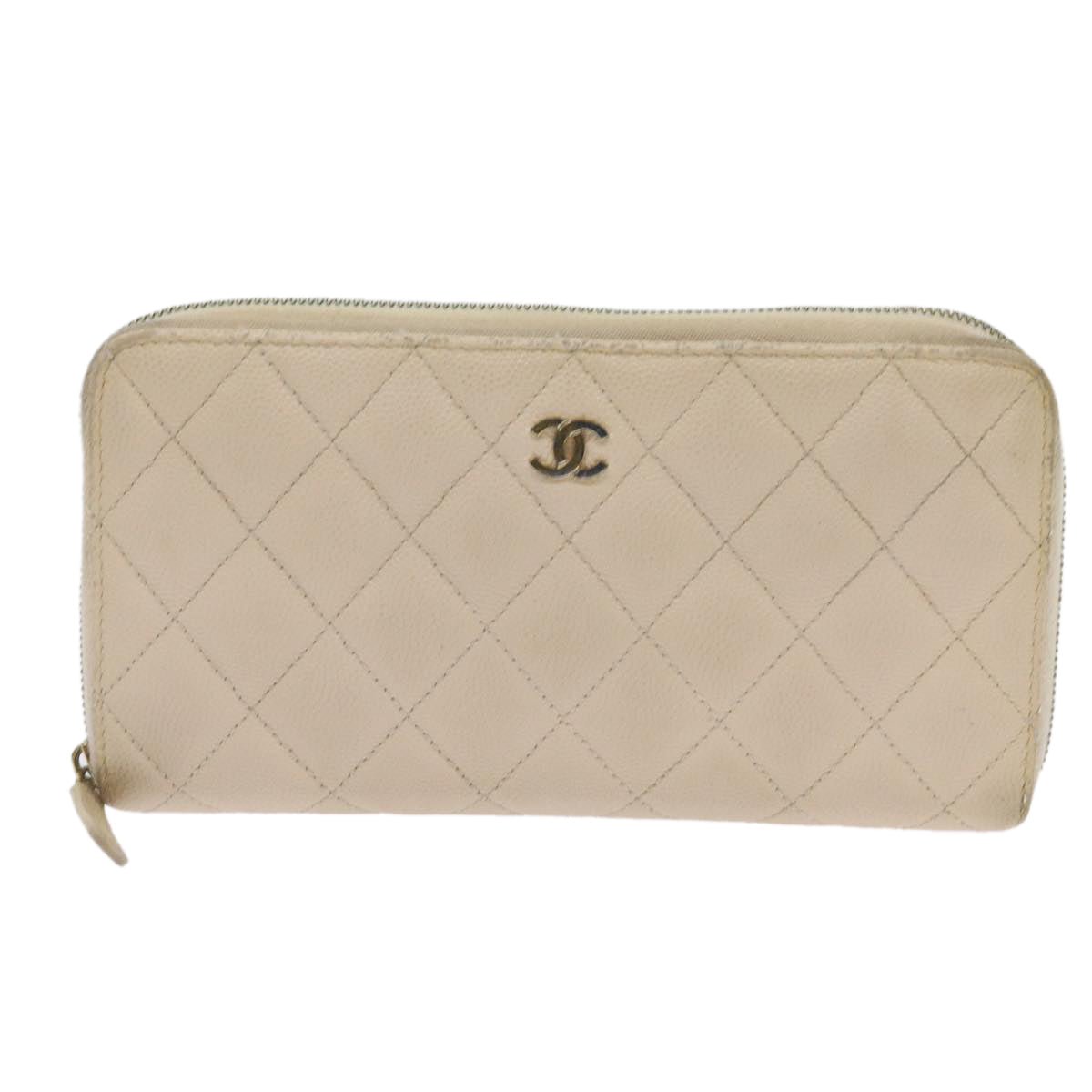 CHANEL Long Wallet Caviar Skin White CC 65288