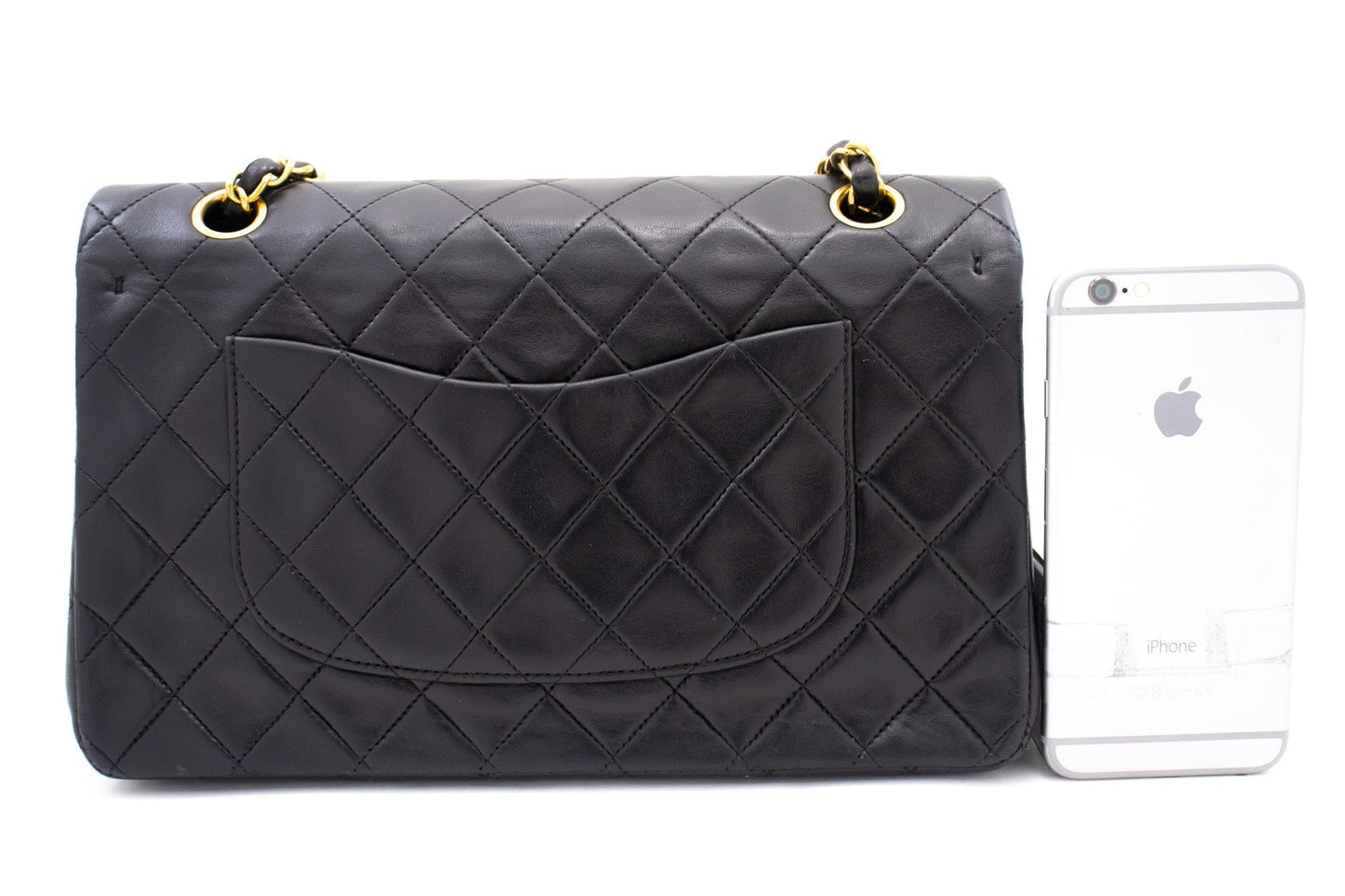 CHANEL Classic Double Flap 10" Chain Shoulder Bag Black Lambskin k77
