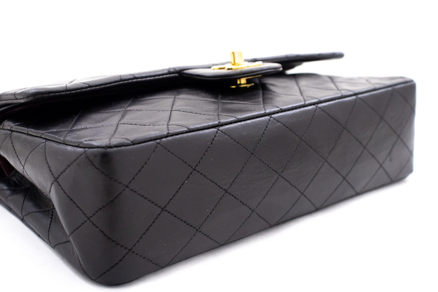 CHANEL Classic Double Flap 10" Chain Shoulder Bag Black Lambskin k77