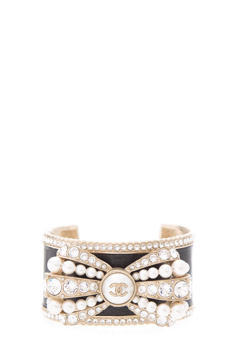Chanel Black Rhinestone & Pearl Bow Cuff Bracelet
