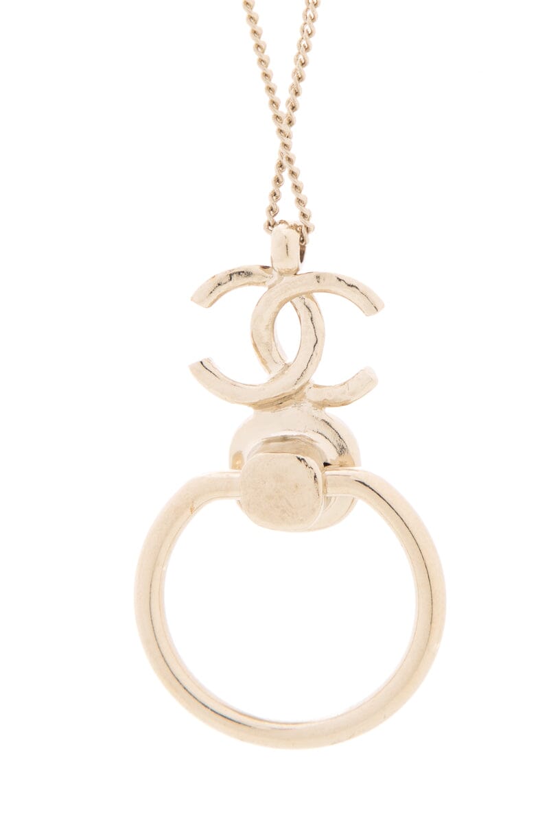 Chanel 2022 Cruise Metal Pearl CC Hoop Drop Pendant Silver Necklace