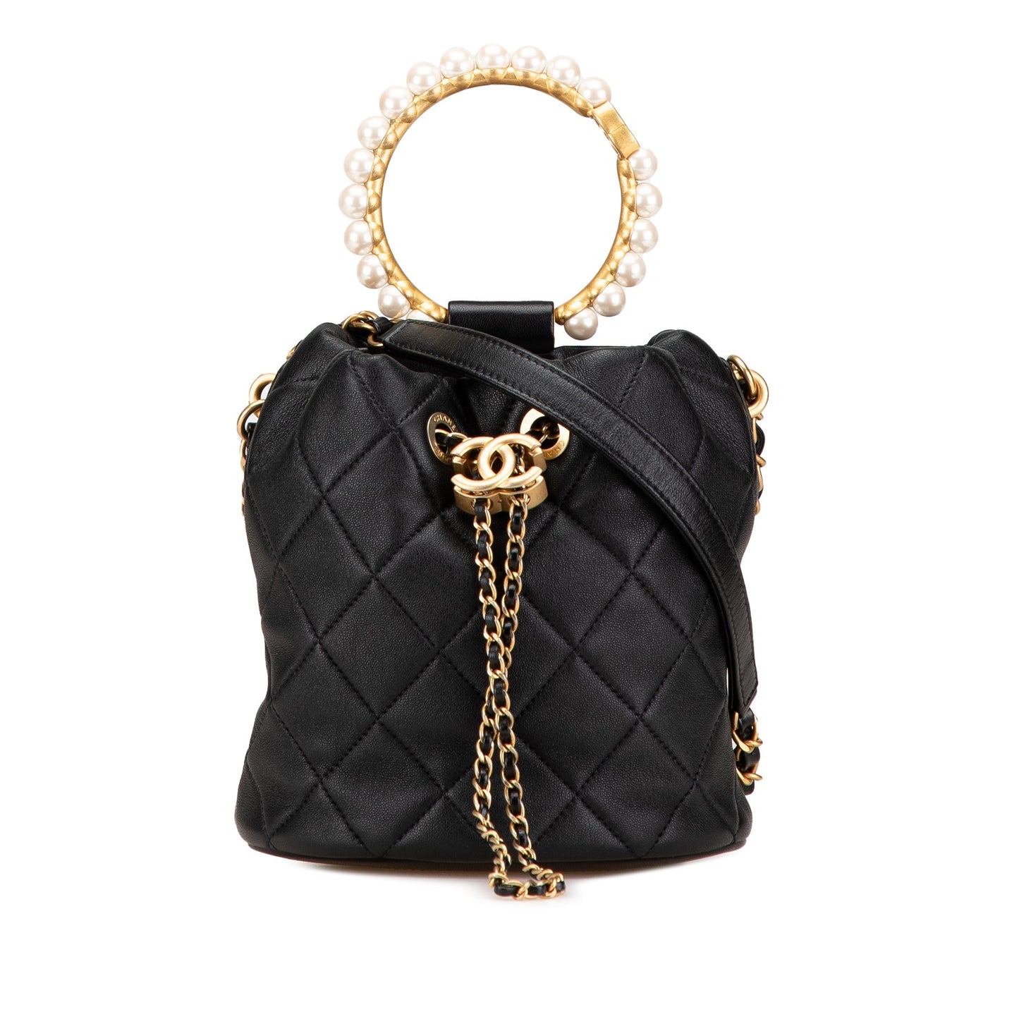 Black Chanel Quilted Lambskin Pearl Crown Drawstring Bucket Bag