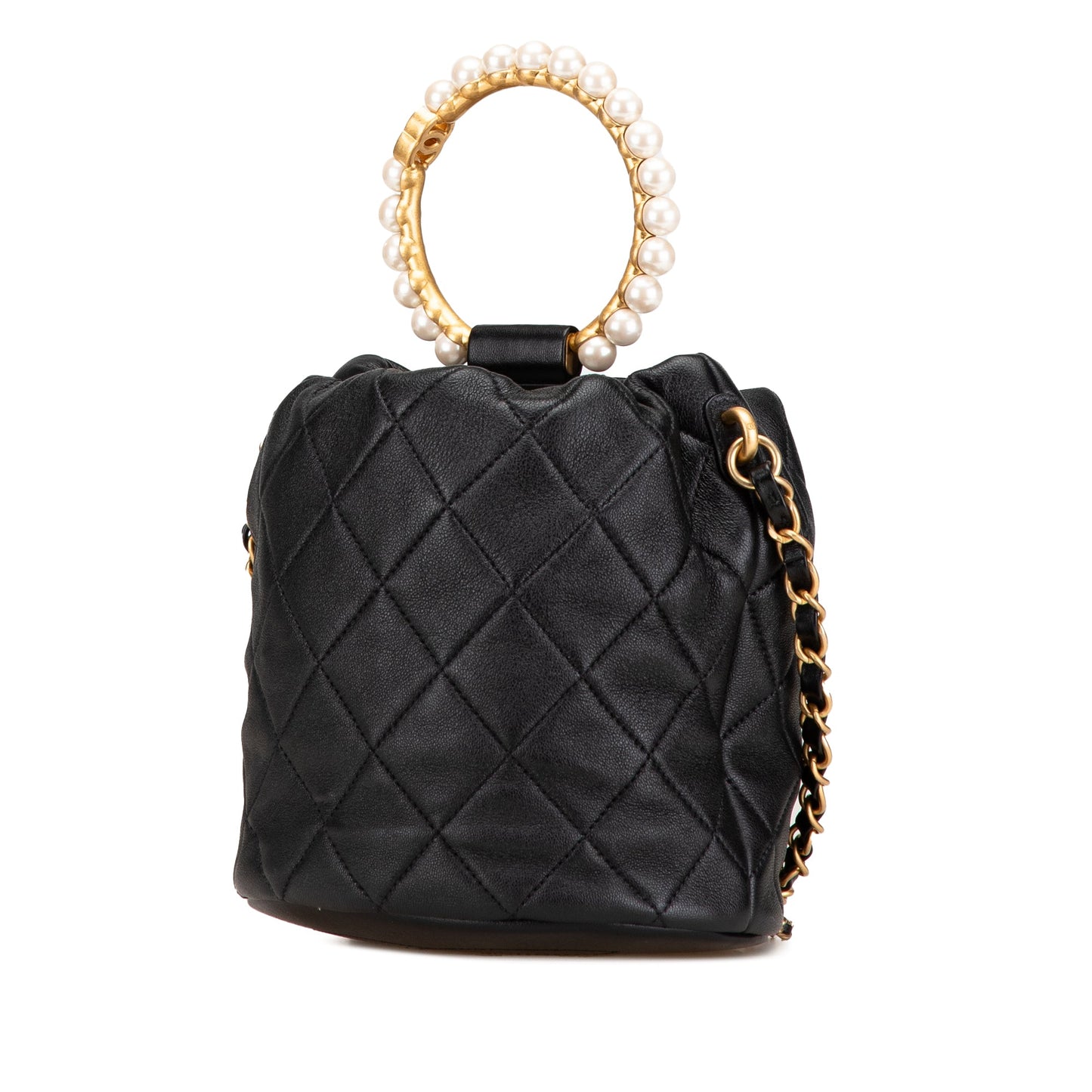 Black Chanel Quilted Lambskin Pearl Crown Drawstring Bucket Bag