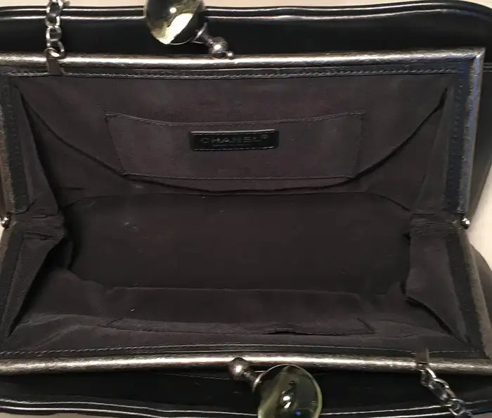 Chanel Black Leather Crystal Ball Kiss lock Clutch